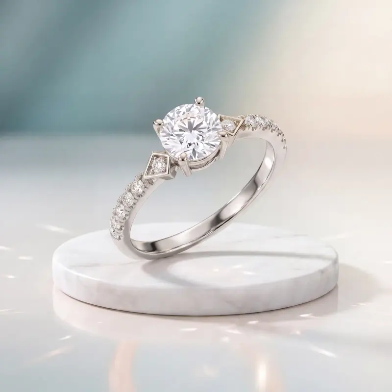 Round Lab-Grown Diamond Ring with Side Stones, 1.35 ct — 14K white gold