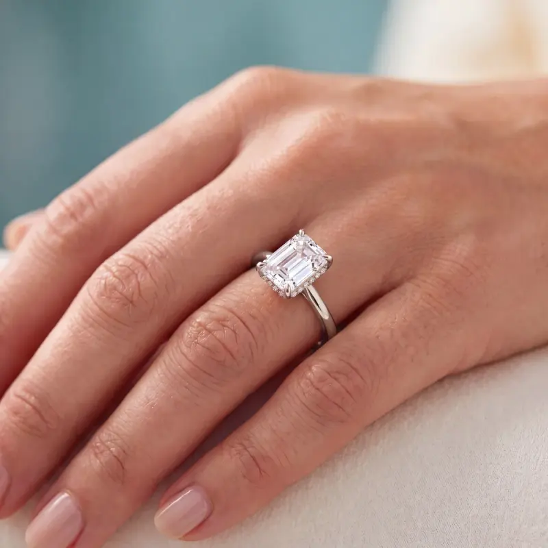 Emerald Lab-Grown Diamond Ring with Side Stones, 2.01 ct — 14K white gold