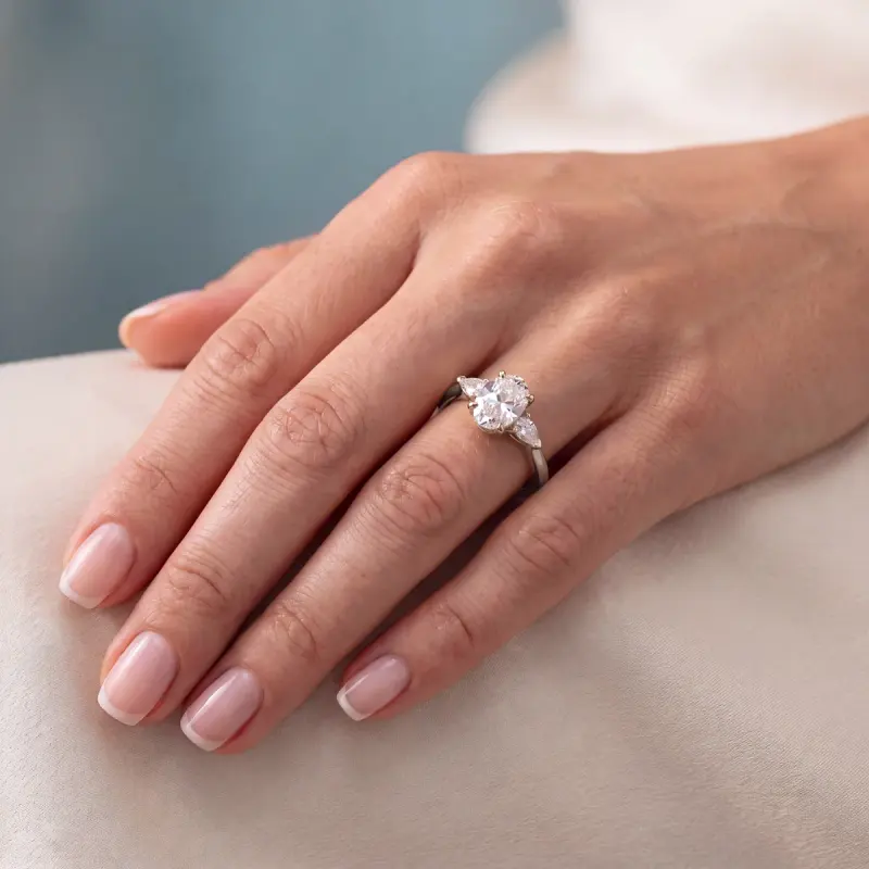 Oval Lab-Grown Diamond Ring with Side Stones, 1.86 ct — 14K white gold