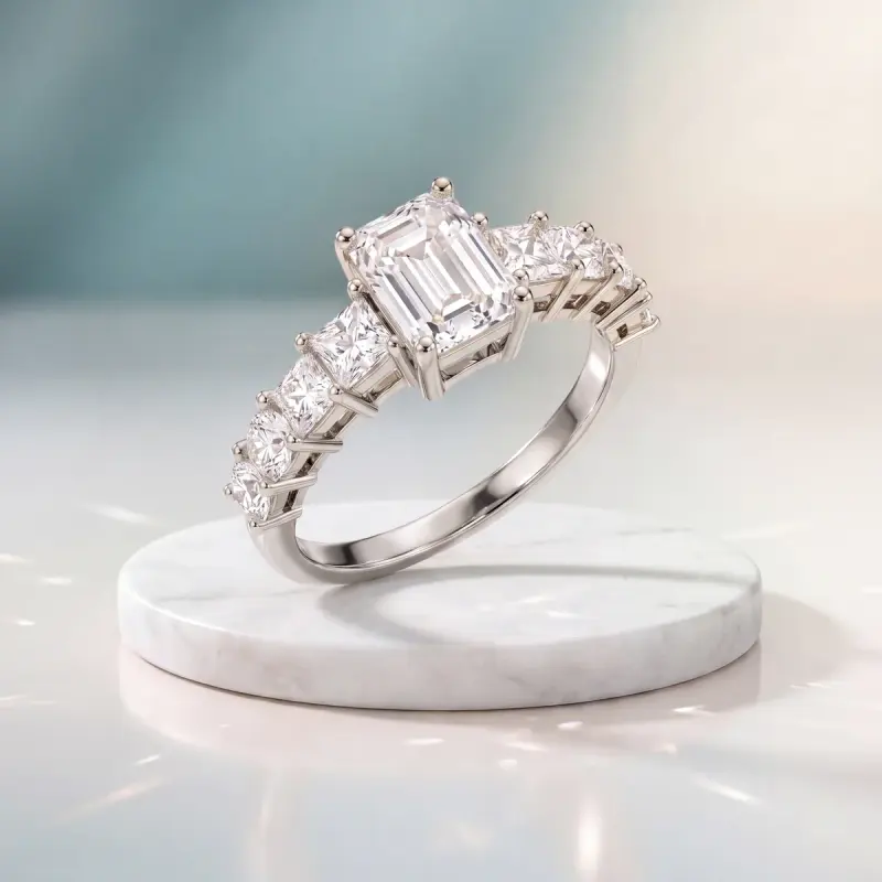 Emerald Lab-Grown Diamond Ring with Side Stones, 1.74 ct — 14K white gold