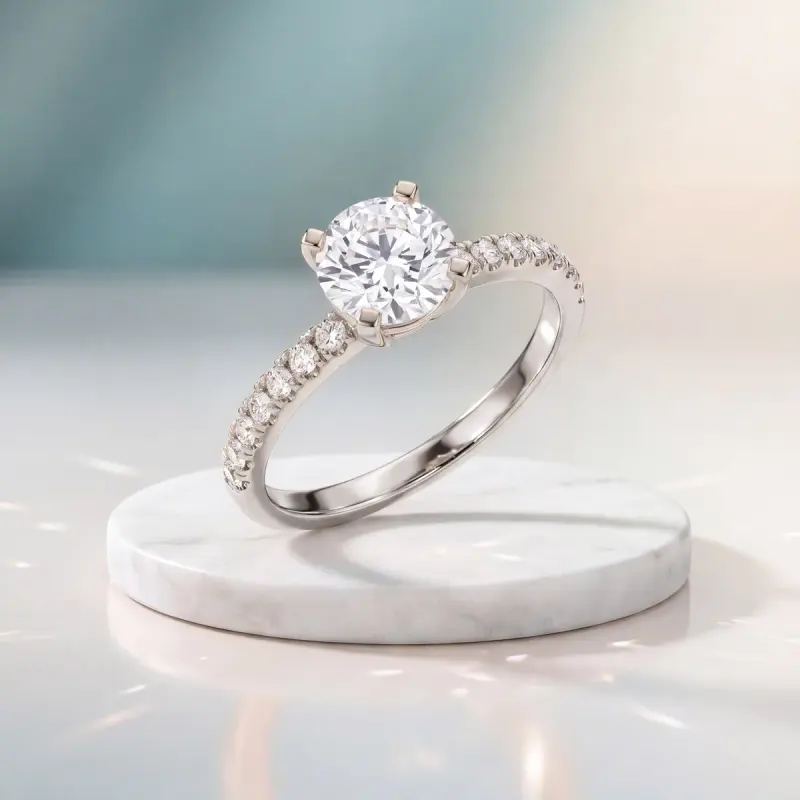 Round Lab-Grown Diamond Ring with Side Stones, 1.65 ct — 14K white gold