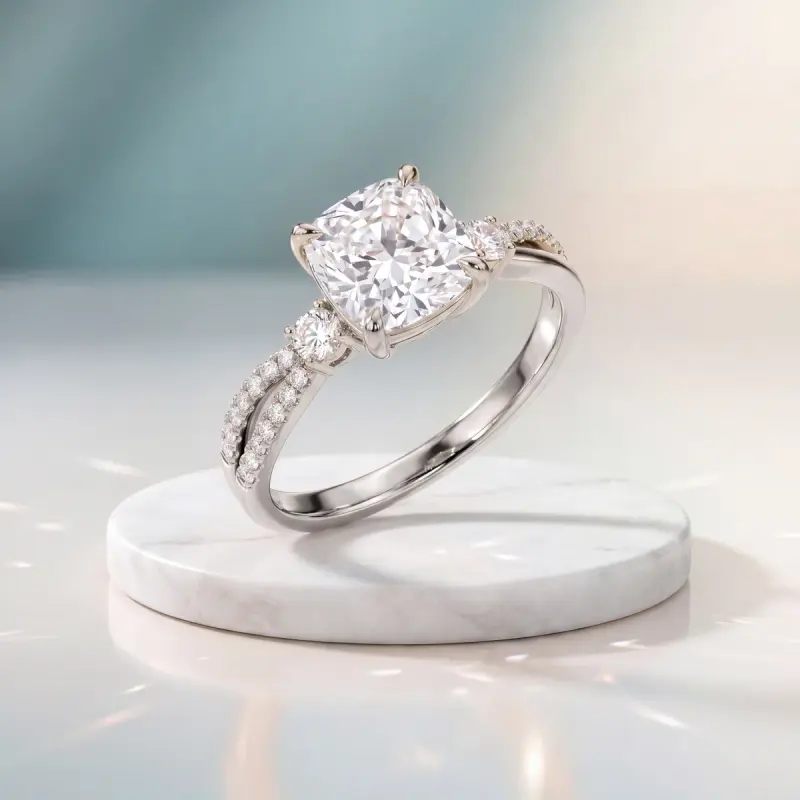 Cushion Lab-Grown Diamond Ring with Side Stones, 2.00 ct — 14K white gold