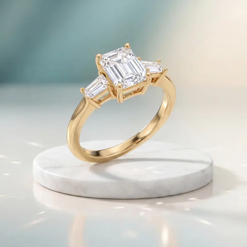 Emerald Lab-Grown Diamond Ring with Side Stones, 2.22 ct — 14K yellow gold