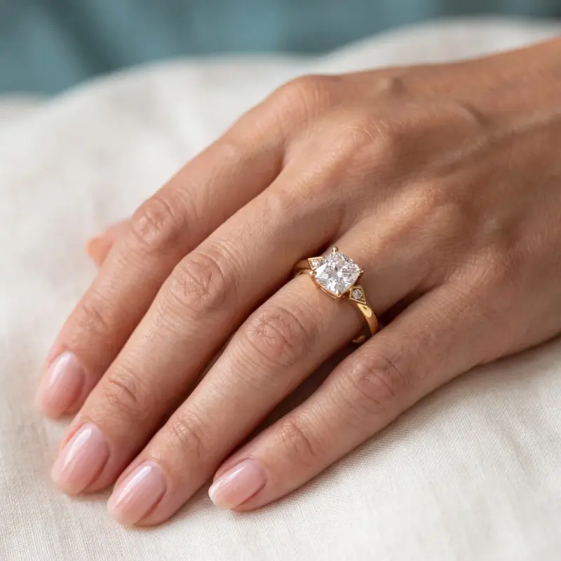 Cushion Lab-Grown Diamond Ring with Side Stones, 1.28 ct — 14K yellow gold