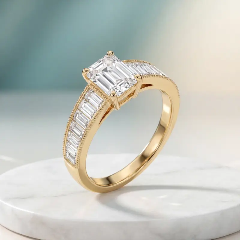 Emerald Lab-Grown Diamond Ring with Side Stones, 1.74 ct — 14K yellow gold