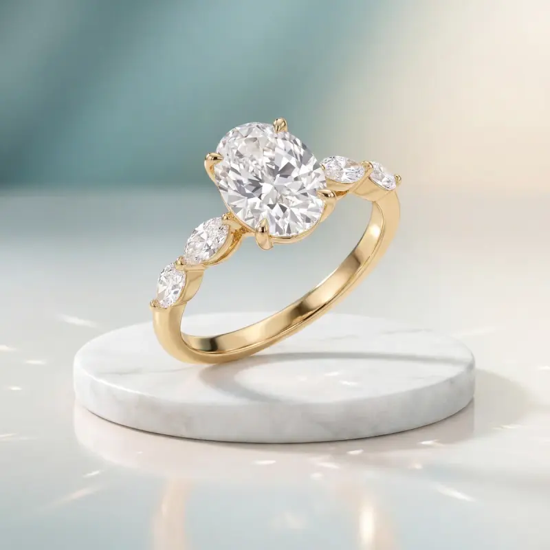 Oval Lab-Grown Diamond Ring with Side Stones, 1.80 ct — 14K yellow gold