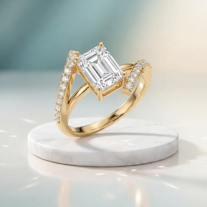 Emerald Lab-Grown Diamond Ring with Side Stones, 1.74 ct — 14K yellow gold