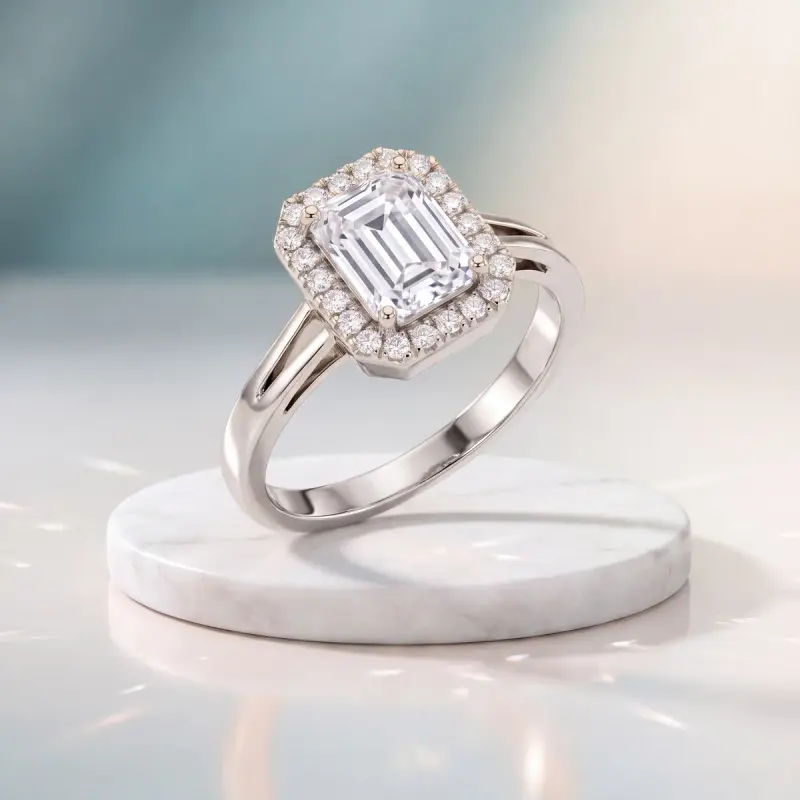 Emerald Lab-Grown Diamond Ring with Side Stones, 1.74 ct — 14K white gold