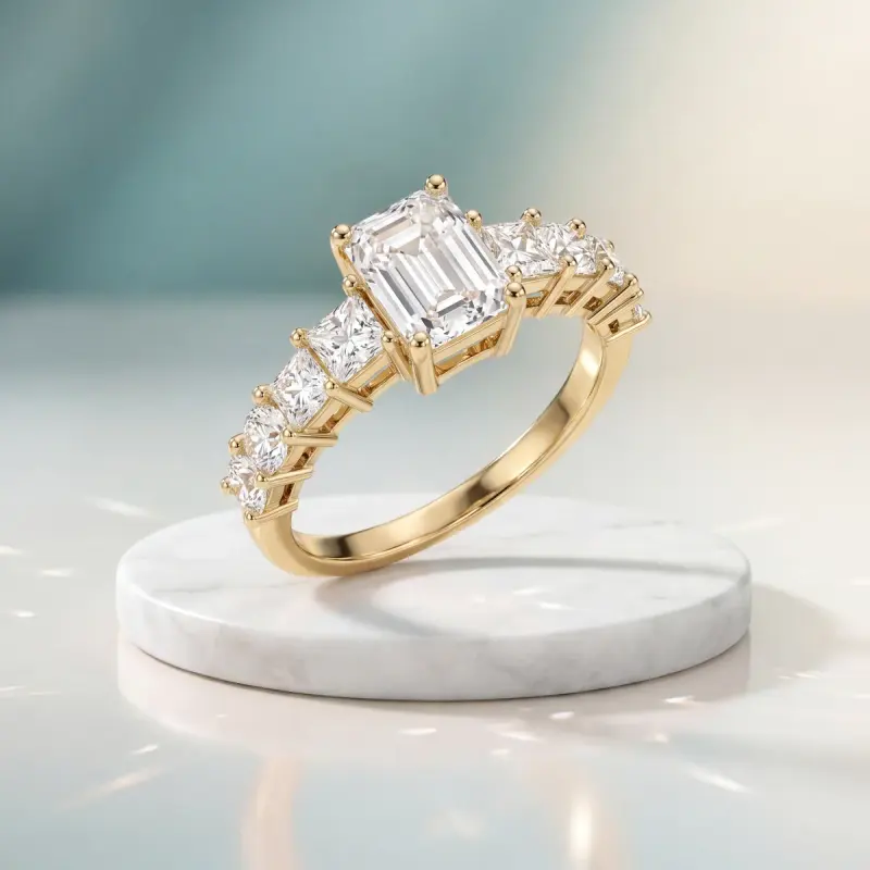 Emerald Lab-Grown Diamond Ring with Side Stones, 1.74 ct — 14K yellow gold