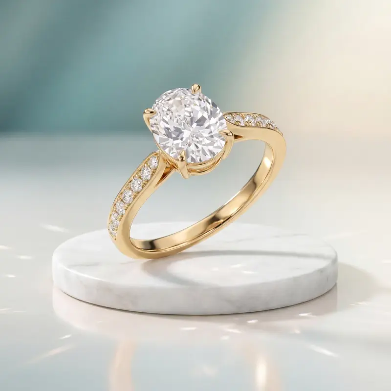 Oval Lab-Grown Diamond Ring with Side Stones, 2.50 ct — 14K yellow gold